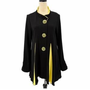 Song & Sung Black & Yellow Swing Style Button Up Pleated Long Collared Jacket